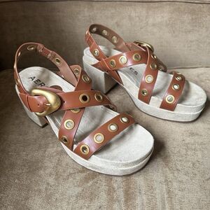 Aerosoles Cleveland Brown Sandal Gold Grommet Chunky Platform Slingback Shoes 8